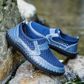 Spring Summer Autumn Mesh Slip-on Leather Shoe Men Casual Sport Loafers Breathable Trend Fashion Water Footwear Soft Comfortable (Color: Blue, size: 44)