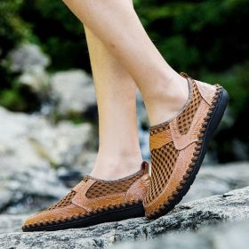 Spring Summer Autumn Mesh Slip-on Leather Shoe Men Casual Sport Loafers Breathable Trend Fashion Water Footwear Soft Comfortable (Color: Brown, size: 39)