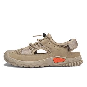 Summer New Leather Mesh Sandals Men Breathable Casual Outer Wear Slip-on Slippers Non-slip Soft Outdoor Beach Water Wading Shoes (Color: Khaki, size: 44)