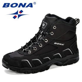 BONA New Trendy Design Men Hiking Shoes Anti-Skid Mountain Climbing Boot Outdoor Athletic Breathable Men Leather Trekking Shoes (Color: black, size: 10)