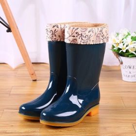 Mid-tube Rain Boots Women Non-slip Rain Boots Waterproof Shoes Overshoes Water Boots Fashion Plus Velvet Warm Women Work Shoesdr (Color: Dark green Plush, size: 38)