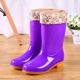 Mid-tube Rain Boots Women Non-slip Rain Boots Waterproof Shoes Overshoes Water Boots Fashion Plus Velvet Warm Women Work Shoesdr (Color: Purple velvety, size: 38)