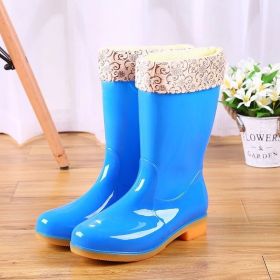 Mid-tube Rain Boots Women Non-slip Rain Boots Waterproof Shoes Overshoes Water Boots Fashion Plus Velvet Warm Women Work Shoesdr (Color: Blue plush, size: 38)