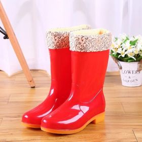 Mid-tube Rain Boots Women Non-slip Rain Boots Waterproof Shoes Overshoes Water Boots Fashion Plus Velvet Warm Women Work Shoesdr (Color: Red Plush, size: 36)